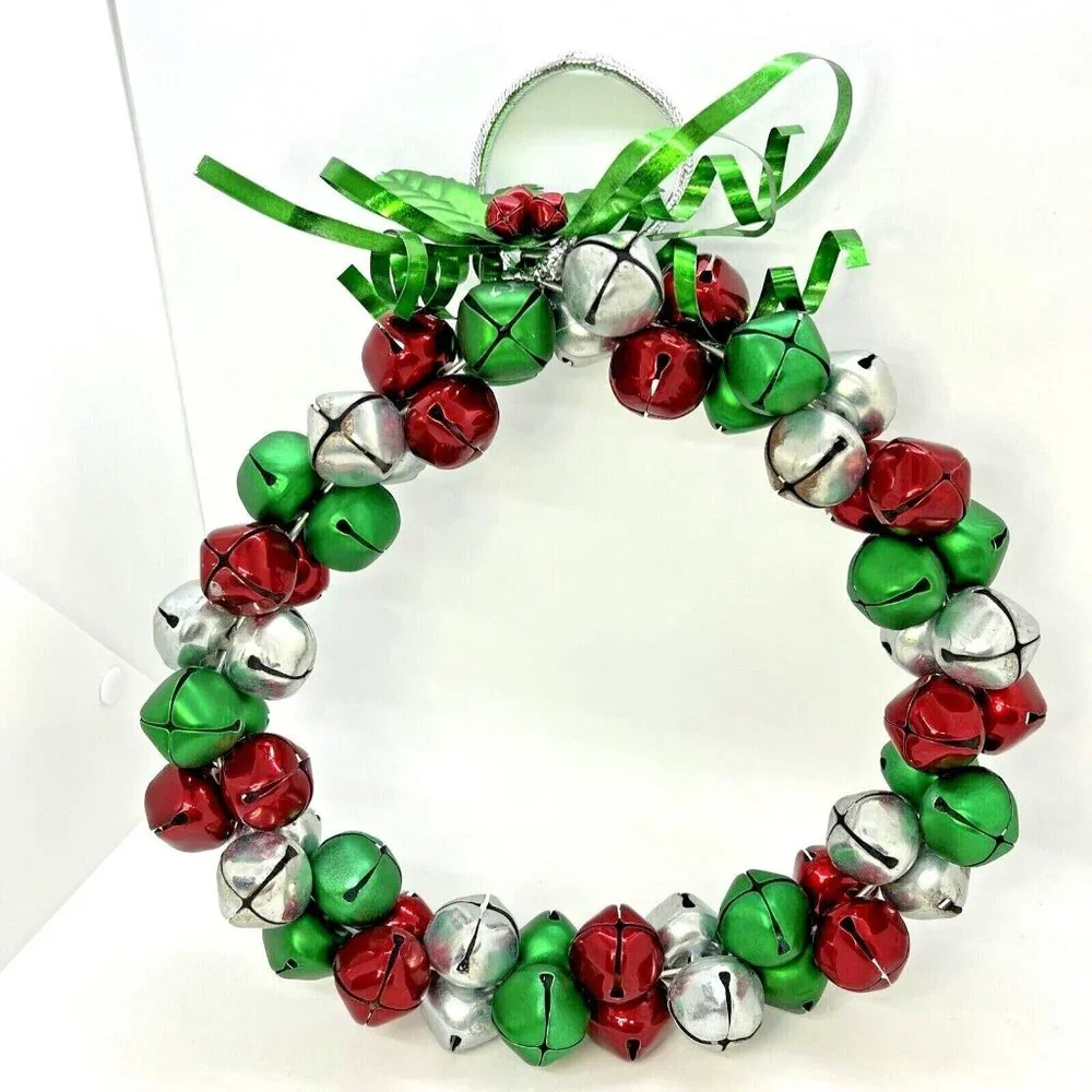 Christmas Jingle Bell Wreath Red Silver Green With Holly Accent Metal